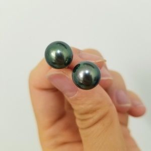 black peacock Tahitian pearl studs earrings 10.7mm